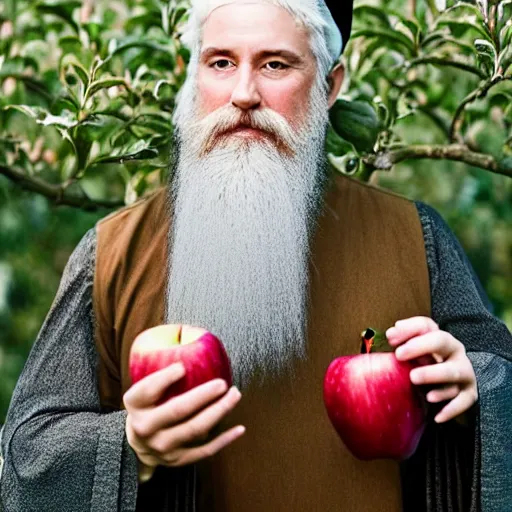 Image similar to beautiful professional photograph of a wizard with a very long white beard, brewing brewing!!!, potions!!!, elixirs, potions!!! potions, in an apple orchard