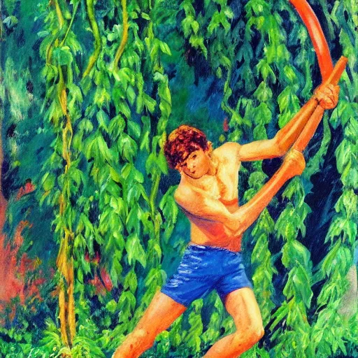 Prompt: a leroy neiman painting of a fourteen year old boy, swinging a machete at a large monster made of vines and plants, dynamic pose, bat swing pose