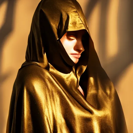 Image similar to a portrait of a young woman wearing a long dark cloak, hood and shadows covering face, holding golden chains, oil painting, Volumetric Golden dappled dynamic lighting, Highly Detailed, Cinematic Lighting, Unreal Engine, 8k, HD