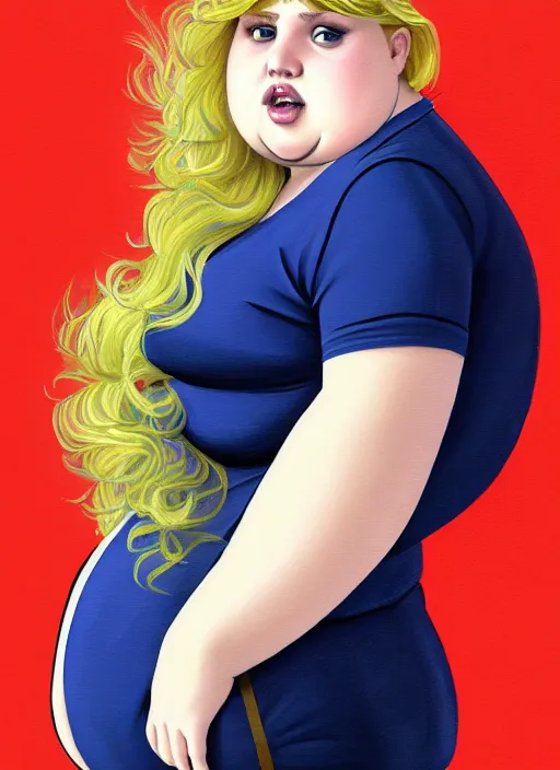 Image similar to full body portrait, teenage betty cooper, blonde hair, obese, bangs, ponytail, sultry, realistic, sultry smirk, fluffy bangs, curly bangs, fat, belly, beautiful girl, intricate, elegant, highly detailed, digital painting, artstation, concept art, smooth, sharp focus, illustration, art by wlop, mars ravelo and greg rutkowski