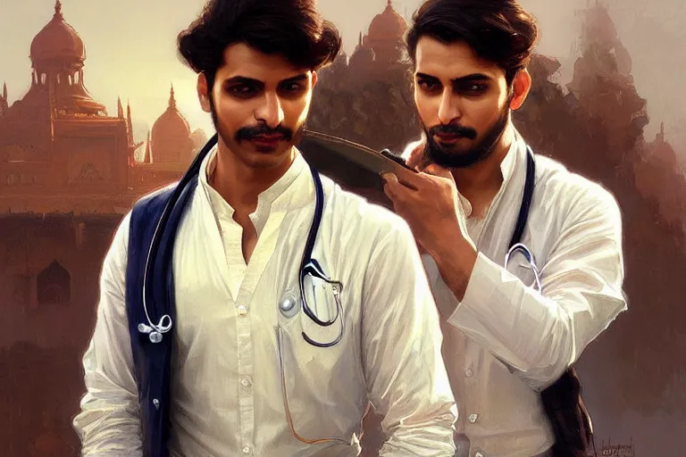 Image similar to Anxious good looking pale young Indian doctors wearing Western clothes at the airport, portrait, elegant, intricate, digital painting, artstation, concept art, smooth, sharp focus, illustration, art by artgerm and greg rutkowski and alphonse mucha