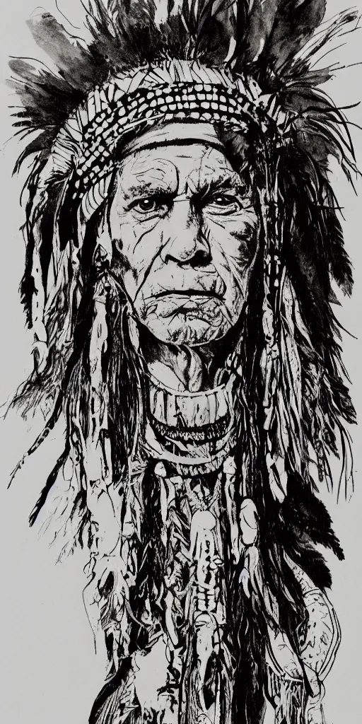 Image similar to a detailed loose wild messy ink sketch portrait of a Native American shaman in the style of Ralph Steadman, caricature, dramatic with sepia watercolor fill