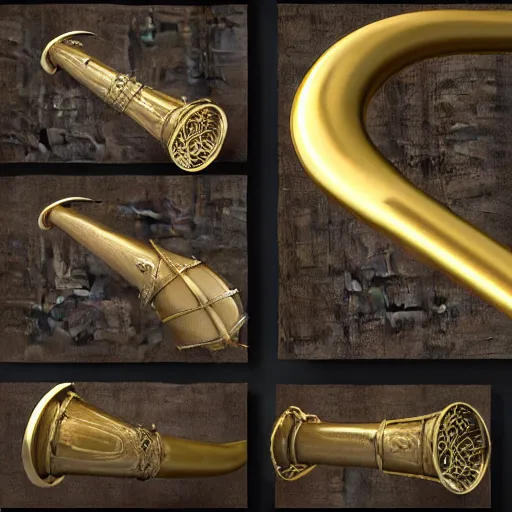 Image similar to a 3 d render of a medieval blowing horn, winding horn, animal horn, higly detailed, mystic, artwork