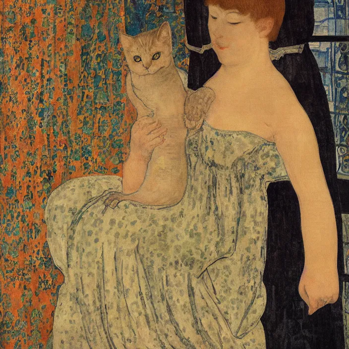 Image similar to close portrait of woman in night gown with cat, with city with gothic cathedral seen from a window frame with curtains. sunset. lucas cranach, bonnard, henri de toulouse - lautrec, utamaro