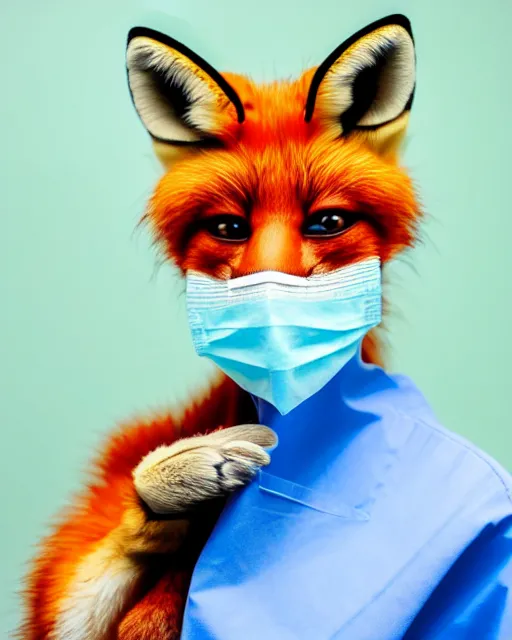 Image similar to photorealistic photo of anthropomorphic female fox animal dressed in labcoat, surgical mask covering mouth, putting on surgical gloves, fox animal, hospital in background, oil painting, 8 5 mm f / 1. 4