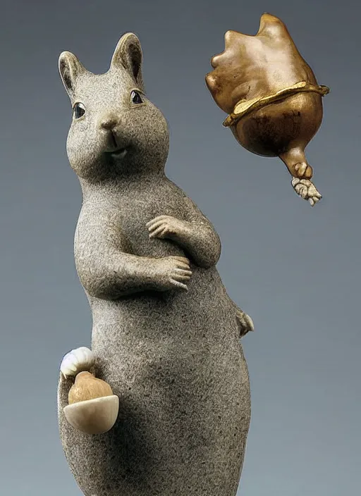 Image similar to A marble statue of a squirrel holding an acorn in the style of Statue of Liberty. museum photo