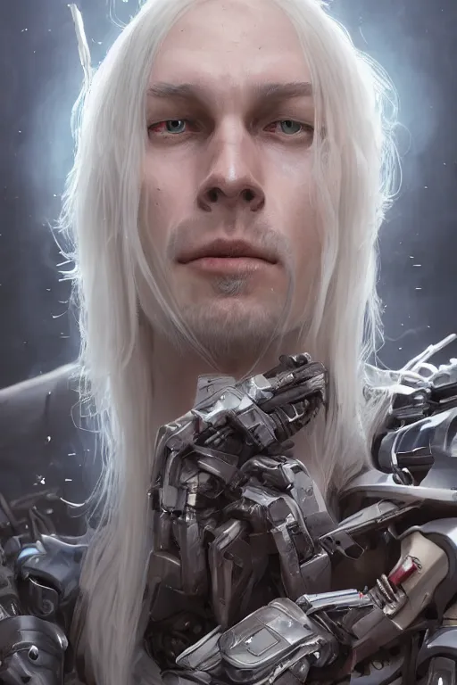 Image similar to a fancy portrait of a strong male cyborg with long white hair and pale skin with joints still visible by greg rutkowski, sung choi, mitchell mohrhauser, maciej kuciara, johnson ting, maxim verehin, peter konig, bloodborne, 8 k photorealistic, cinematic lighting, hd, high details, dramatic, dark atmosphere, trending on artstation