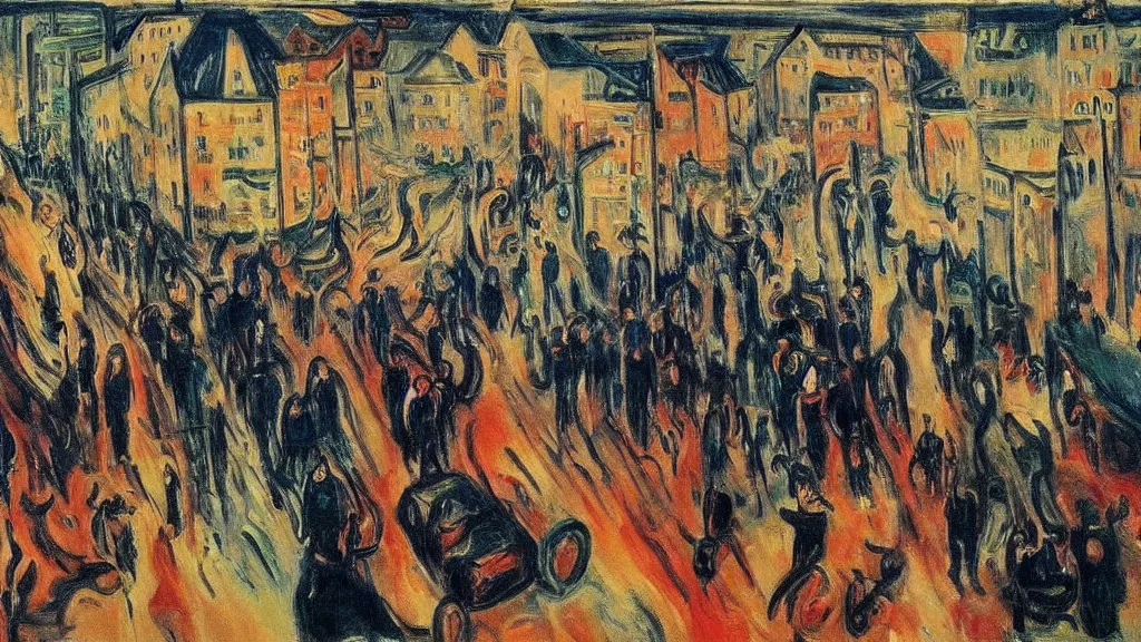 Image similar to the pain and chaos of a town being bombed on market sunday, painting by edvard munch