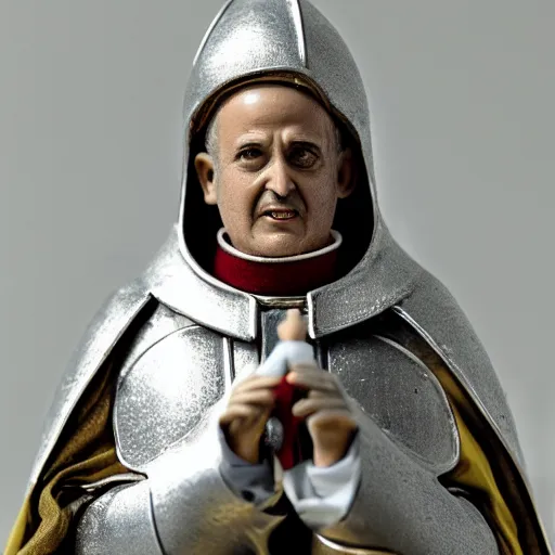 Prompt: action figure of pope francis as a knight. advertising photograph, photographic, hyperreal, 3 5 mm
