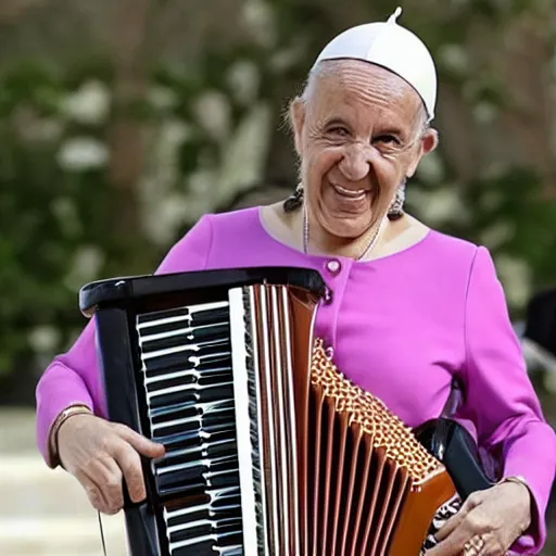 Prompt: realistic photograph of Luciana Littizzetto playing the accordion for Pope Francis, 2019, afternoon