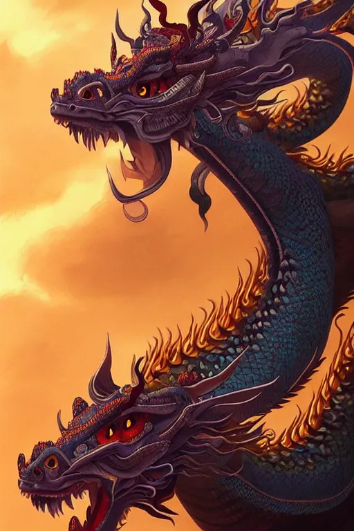 Prompt: a beautiful and detailed thai dragon paintings by Chalermchai Kositpipat and Ghibli Studios, Dan Mumford, artstation, cinematic lighting, omnious sky