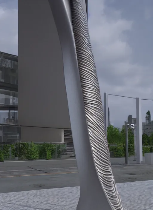 Prompt: highly detailed realistic architecture 3 d render of a metallic wooden stele monument in zaha hadid style standing on a side of a road, archdaily, made in unreal engine 4 octane render