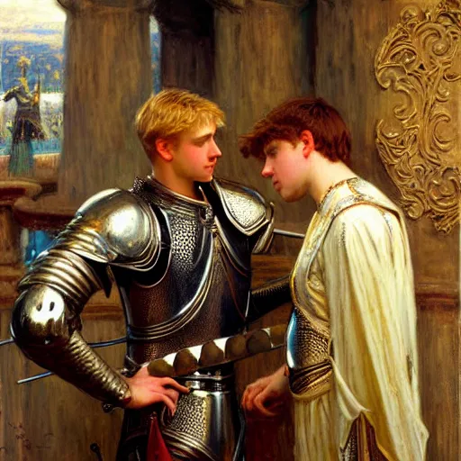 Image similar to attractive fully clothed arthur pendragon confesses his love for his attractive fully clothed male knight. highly detailed painting by gaston bussiere and j. c. leyendecker 8 k