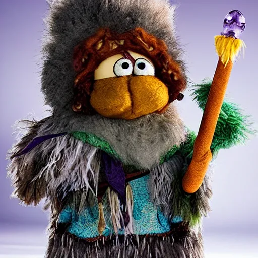 Image similar to foxfolk wizard druid as a fluffy chibi muppet plush wearing a wizard cloak and holding a staff made from a stick with an amethyst gemstone tied at the top, photorealistic, photography, national geographic, sesame street