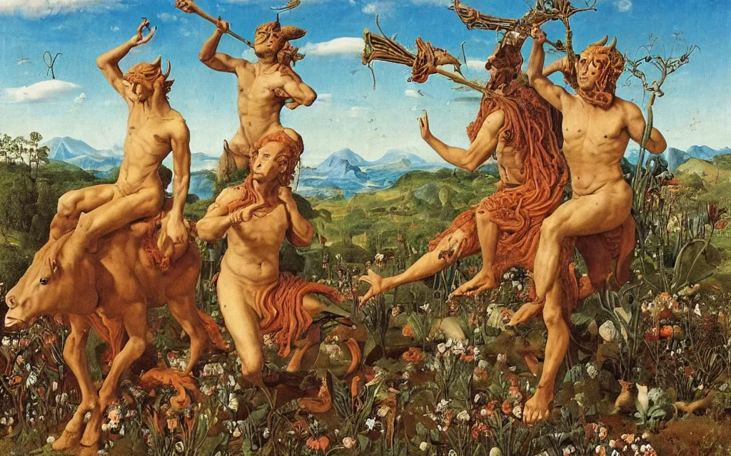 Image similar to a portrait photograph of a meditating satyr and a centaur monk riding a rocket machine and hunting at a river delta. surrounded by bulbous flowers and trees. mountain range under a blue sky of fiery stars. by jan van eyck, max ernst, ernst haeckel, ernst fuchs and artgerm, cgsociety, fashion editorial, 8 k