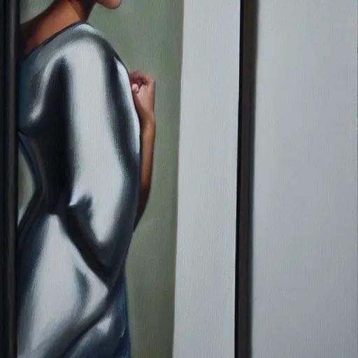 Image similar to fashion model looking in mirror, hyperrealism oil painting