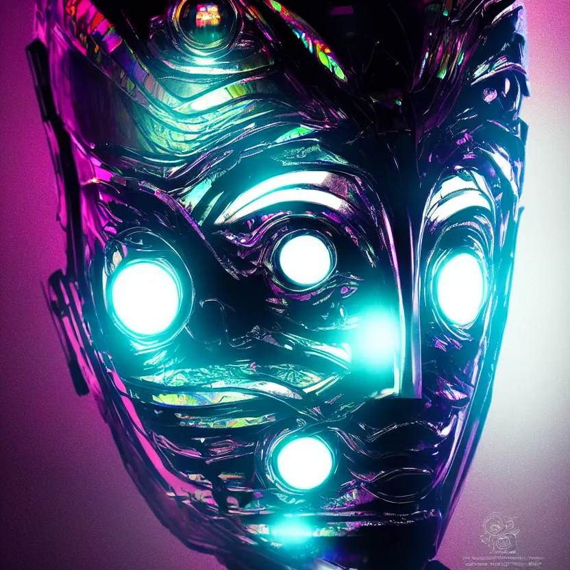 Prompt: highly detailed digital art of a futuristic iridescent geisha mask with glowing eyes. black background. gritty textures beautiful lighting. trending on artstation, behance. cyberpunk translucent design.