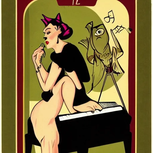 Image similar to vintage beautiful woman with devil horns, wearing an black dress and sitting in an piano, retro cartoon