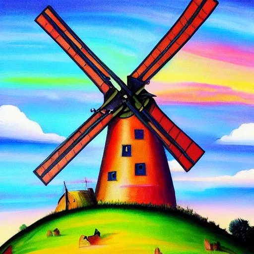 Image similar to bosch painting of a windmill using lisa frank colors