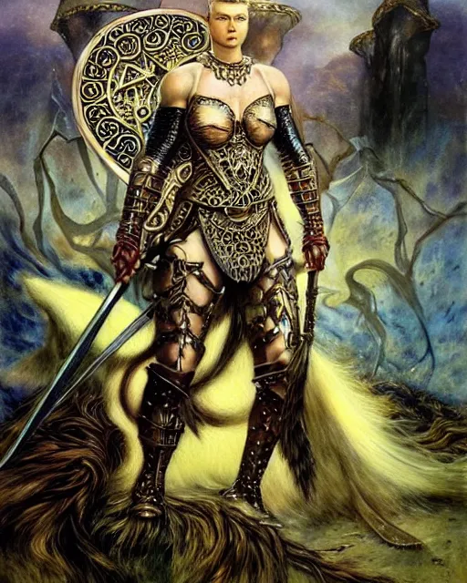 Image similar to a fierce and muscular warrior princess in full armor, fantasy character portrait by howard david johnson, kay nielsen, yael nathan