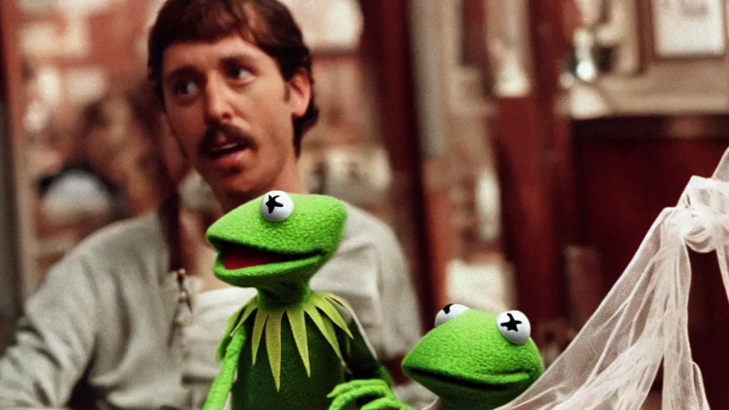 Prompt: “kermit the frog (The Muppets) in The Royal Tenenbaums (2001)”