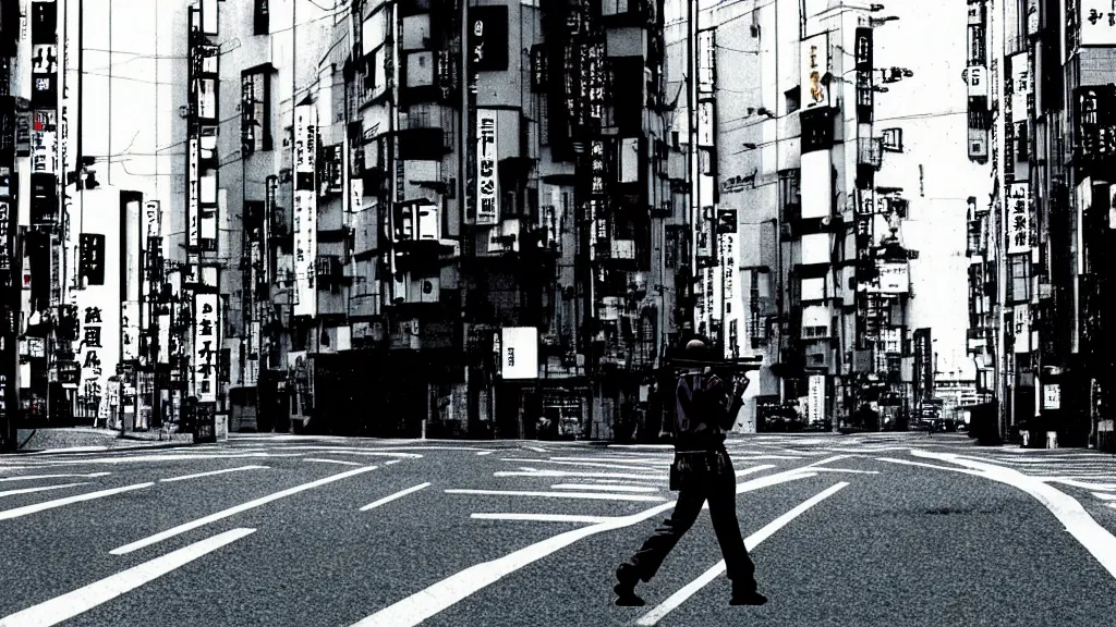 Image similar to a strange creature floating alone on an empty street in downtown Tokyo with a gun, film still from the an anime directed by Katsuhiro Otomo with art direction by Salvador Dalí, wide lens