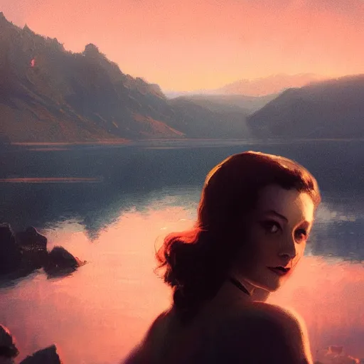 Image similar to a closeup portrait of a young beautiful vivian leigh, lake background, gorgeous view, sunset, film noir, serene, depth, by greg rutkowski, digital art, trending on artstation