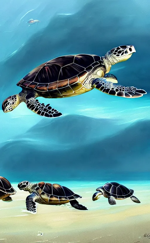 Prompt: sea turtles swimming in the ocean, by greg rutkowski