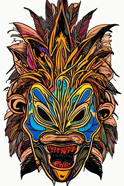 Image similar to animal mask totem roots flower tribal feather gemstone plant wood rock shaman vodoo video game vector cutout illustration vivid multicolor borderlands comics by josan gonzales and dan mumford radiating a glowing aura