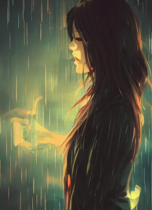 Image similar to listening to music at 2 am, night, pretty girl, pose, rain, lofi, lofi, peaceful, street light, anime key visual, poster, anime, by wlop, high quality, 4 k, trending, trending on artstation