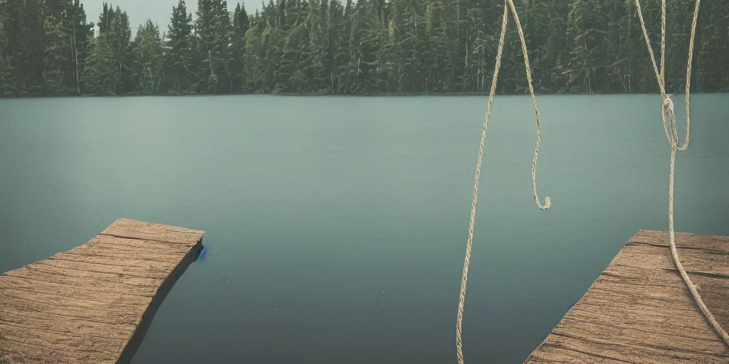 Image similar to centered photograph of a long rope snaking directly on the surface of the water, rope center of the lake, a dark lake on a cloudy day, color film, trees in the background, hyper detailed photo, anamorphic lens