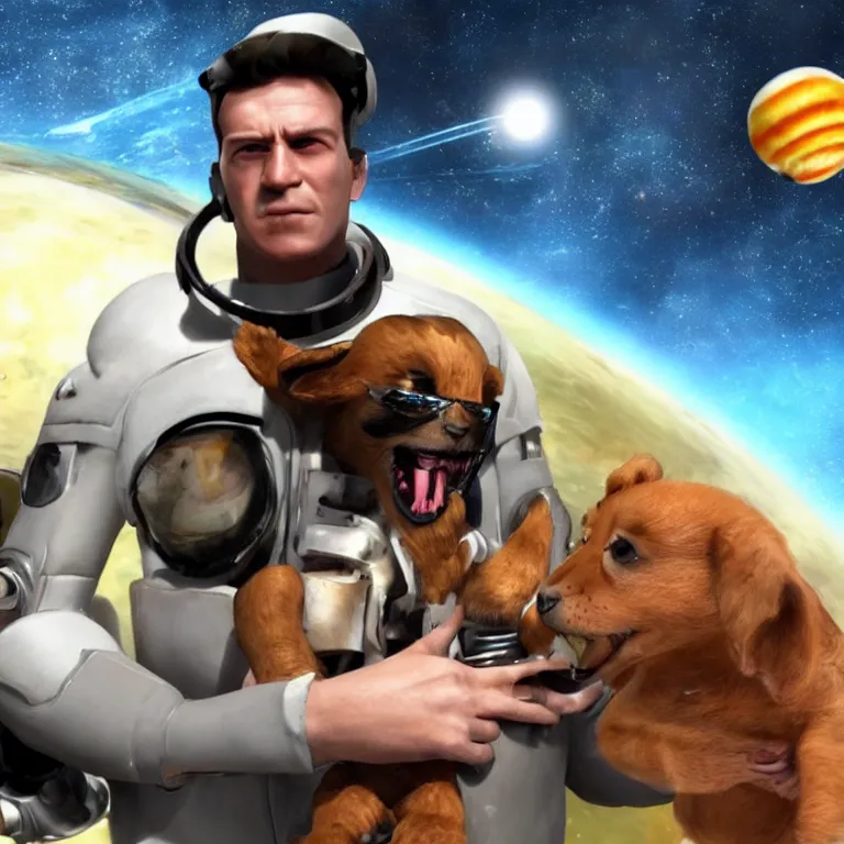 Image similar to t 8 0 0 terminator eating sandwich, hugging a cute puppy while surfing on a saxophone over rings of saturn in space, team fortress 2 sцcreenshot