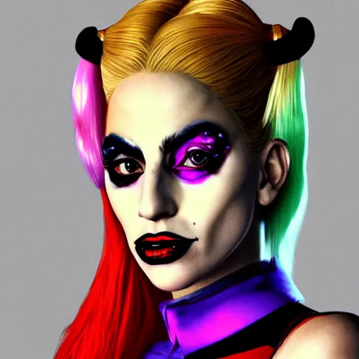 Prompt: photorealistic Lady Gaga as Harley Quinn