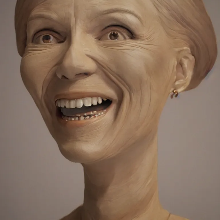 Prompt: beautiful studio photograph of colorful postmodern portrait sculpture of mary tyler moore smiling, beautiful symmetrical face accurate face detailed face realistic proportions, made of watercolor - painted plaster on a pedestal by ron mueck and matthew barney and greg rutkowski, hysterical realism intense cinematic lighting shocking detail 8 k