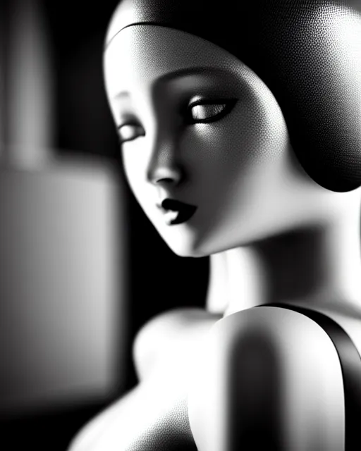 Image similar to black and white dreamy young beautiful female artificial intelligence, metropolis, cinematic, rim light, bokeh, photo - realistic, elegant, high detail, 8 k, masterpiece, photo taken in 1 9 3 0