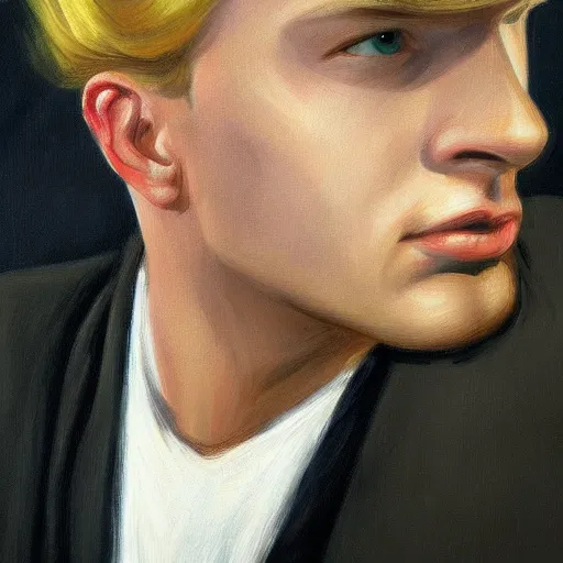 Image similar to a close up realistic portrait of a blonde man, edward hopper, trending on artstation