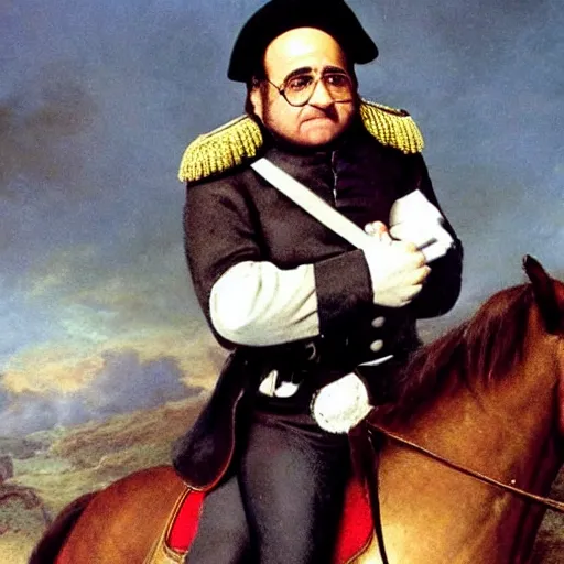 Image similar to Danny DeVito in Napoleonic officer's uniform, riding on horseback in a battlefield