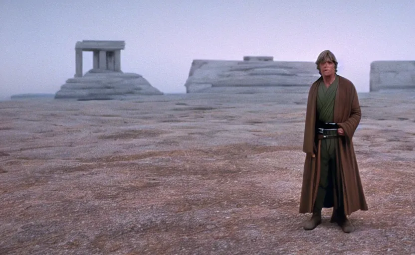 Image similar to screenshot portrait shot of Luke Skywalker in front of the ancient Jedi Temple, morning, landscape, no people, no man, lost world, sharp focus, from the 1970s sci fi thriller by Stanely Kubrick film, color kodak, ektochrome, anamorphic lenses, detailed faces, moody cinematography
