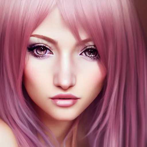 Image similar to beautiful hyperrealism hyperdetailed portrait of nikki from shining nikki dress - up game, a cute young woman, light pink hair, long hair with full bangs, full heart - shaped face, hazel amber eye color, pale skin, light blush, chinese heritage,, smiling softly, golden hour, soft focus, 8 k,