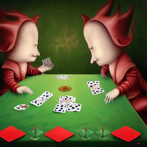 Image similar to two fishes sitting at a table playing cards, at the bottom of the sea, the table has a checkered table cloth, hyperdetailed, cinematic light, lowbrow surrealistic, in the style of mark ryden,