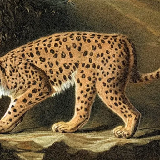 Prompt: an extinct sabertooth cat, cat with huge fangs, naturalist illustration