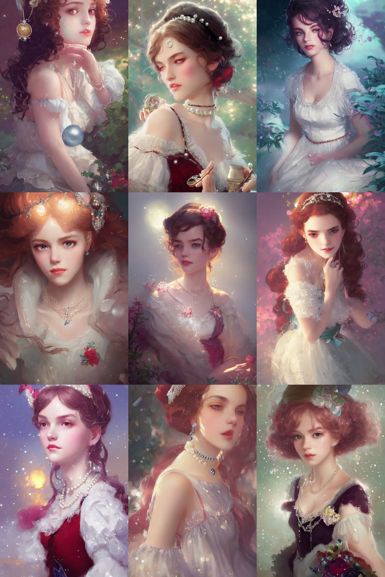 Prompt: a beautiful picture of lolita overall with pearls, gem, diamonds, embroidery design ， by greg rutkowski and thomas kinkade, trending on artstation