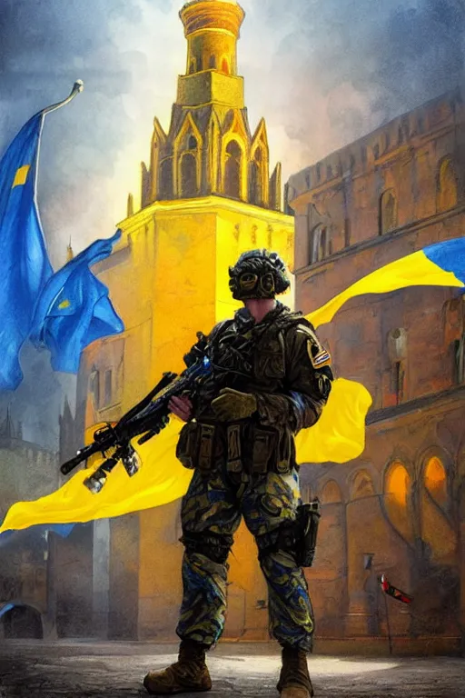 Image similar to special forces soldier installin ukrainian blue and yellow flag on red square kremlin, masculine figure, d & d, fantasy, bright atmosphere, volumetric lights, intricate, elegant, extremely detailed, digital painting, artstation, concept art, matte, smooth, sharp focus, hyper realistic, illustration, art by artgerm and greg rutkowski and alphonse mucha