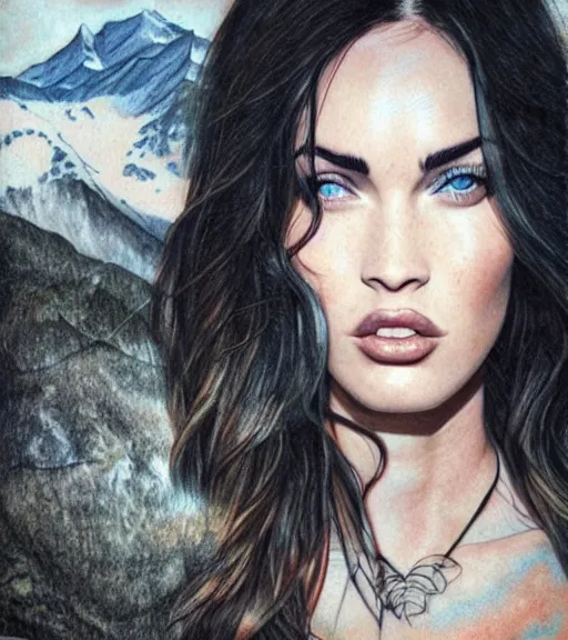 Image similar to megan fox face double exposure with beautiful mountains, realism tattoo sketch, in the style of matteo pasqualin, amazing detail, sharp, faded