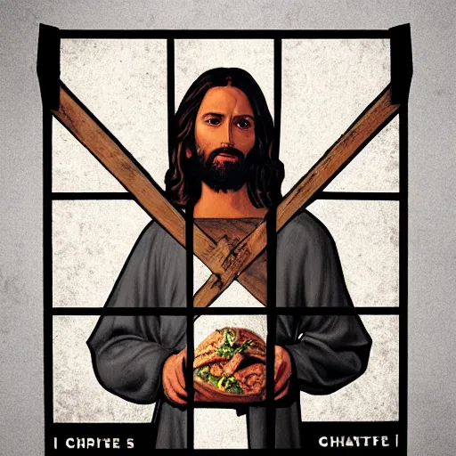 Image similar to jesus nailed to a chipotle advertisement