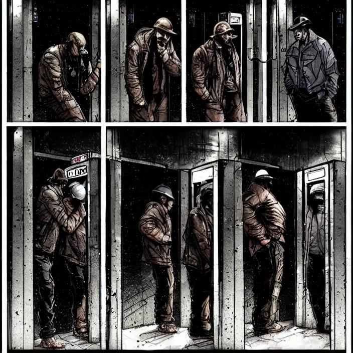 Prompt: weary miners look at opaque phone booths. storyboard, scifi cyberpunk. by gabriel hardman, joe alves, chris bonura. cinematic atmosphere, detailed and intricate, perfect anatomy