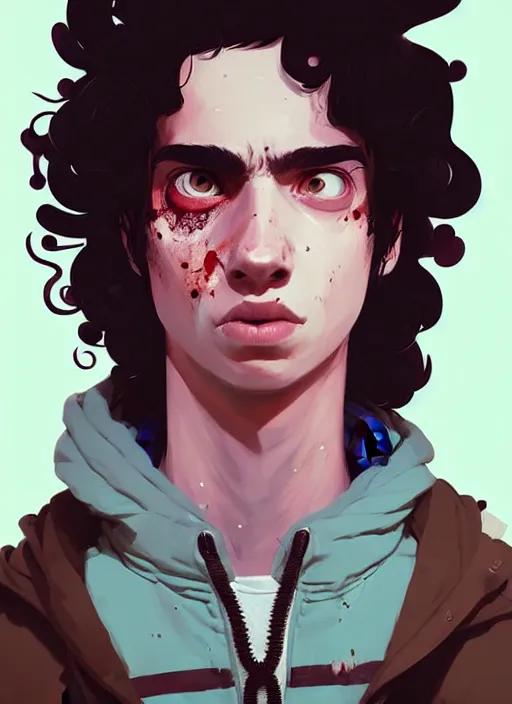 Prompt: highly detailed portrait of a sewer punk guy student, black hair, brown eyes, tartan hoody, curly hair by atey ghailan, by greg rutkowski, by greg tocchini, by james gilleard, by joe fenton, by kaethe butcher, gradient pink, brown, light blue and white color scheme,