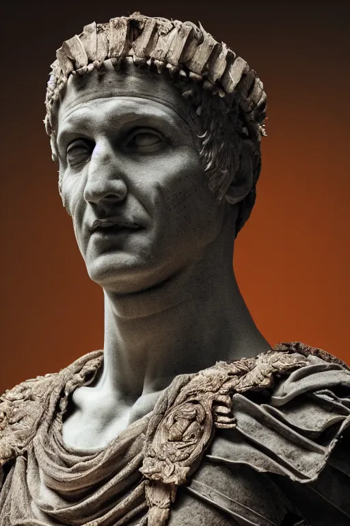 Image similar to a photo of julius caesar wearing a toga, ancient roman setting, dynamic pose, close - up, intricate details, intricately detailed clothing, intricate textures, warm lighting, vivid colors, smoke and mist, realistic octane render, hyper realistic render, volumetric shading, depth of field, raytracing, 8 k,