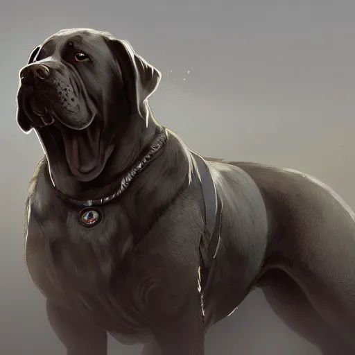 Image similar to big friendly dog with drool on face staying on bottom legs in full height near closed doors with big gate value, concept art, trending on artstation, highly detailed, intricate, sharp focus, digital art, 8 k