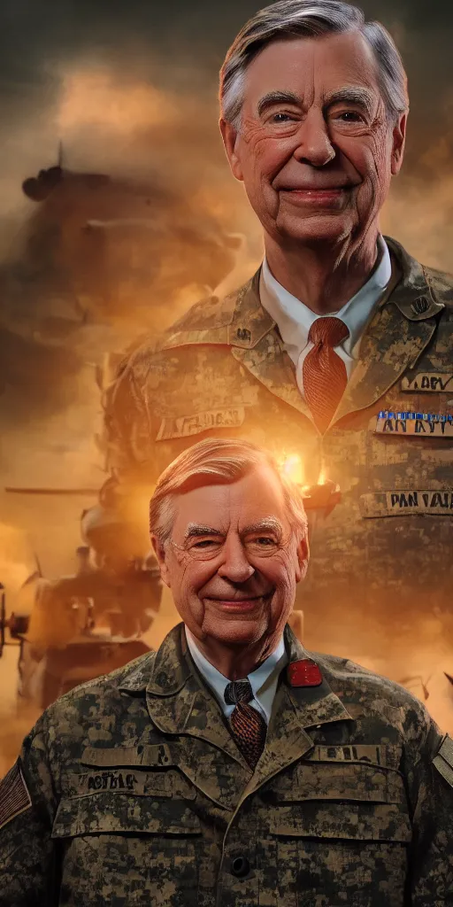 Image similar to mr. rogers in military gear looking tough, action movie poster, intricate, hyper detailed, accent lighting, dramatic light, 4 k octane render